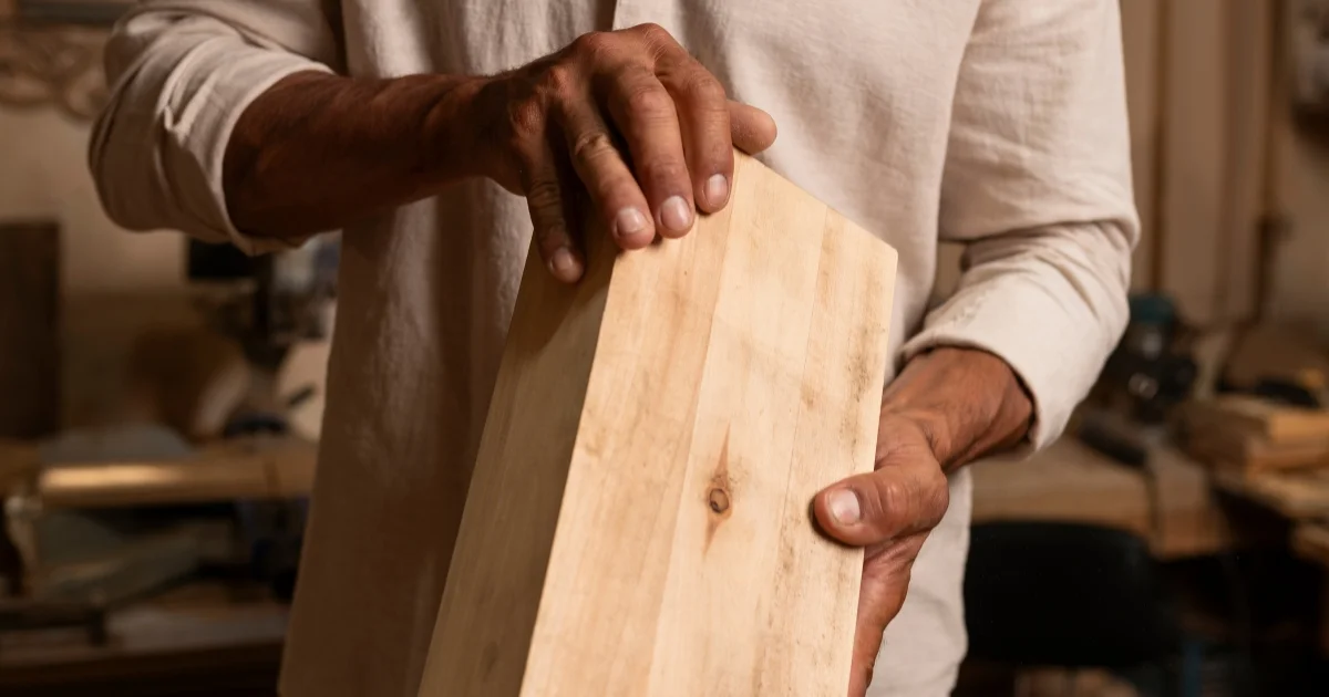 Man holding a piece of sanded wood in a workshop.